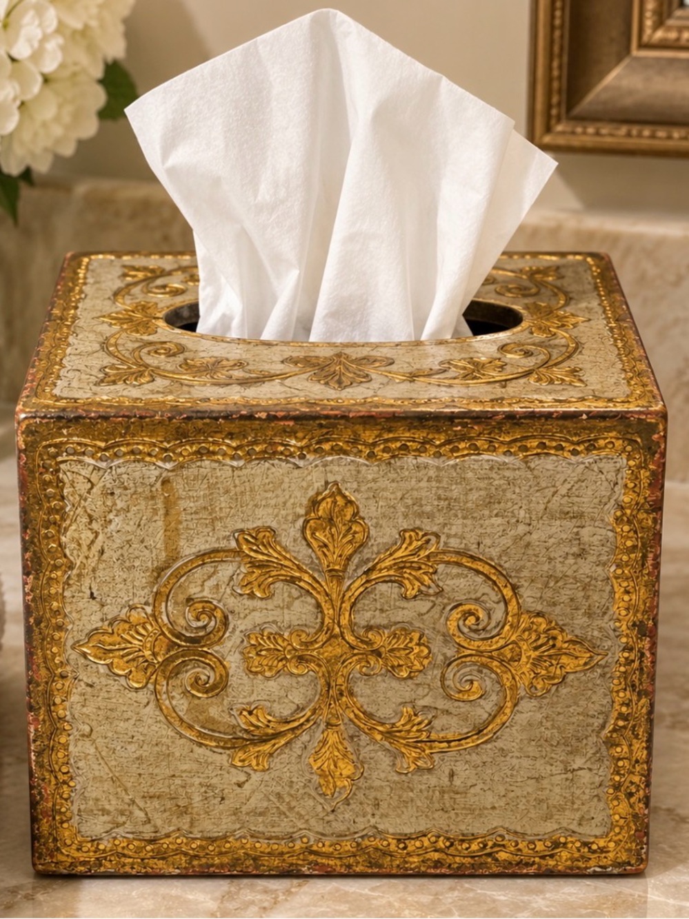 Vintage Florentia Italian Florentine Gilt Wood Tissue Box Cover Hand Made Italy